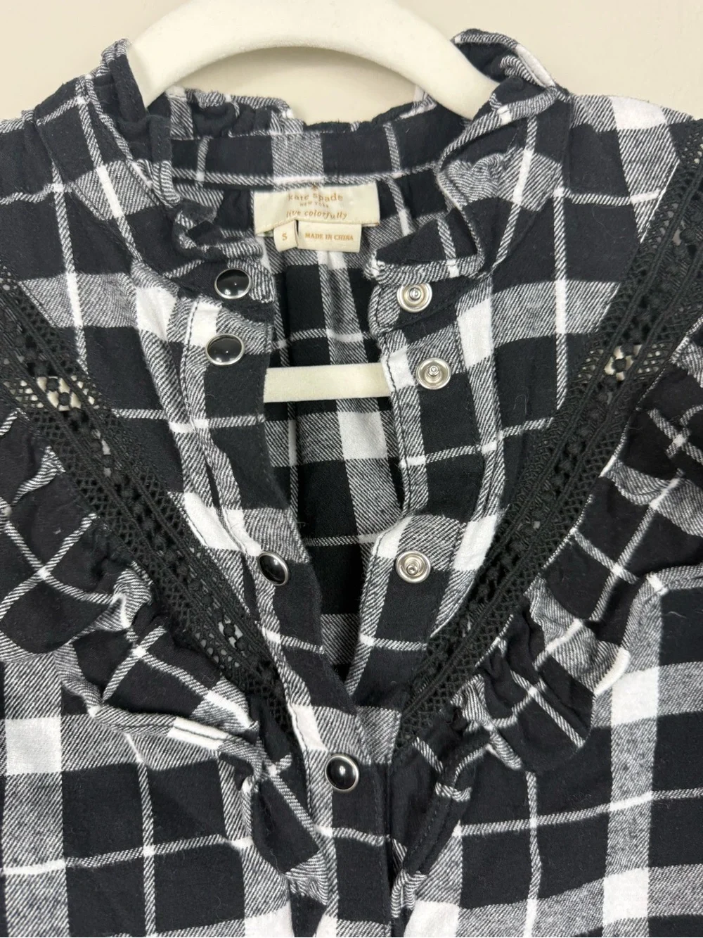 Kate Spade Top Small Black White Plaid Ruffle Button-Up Top Preppy Office Work